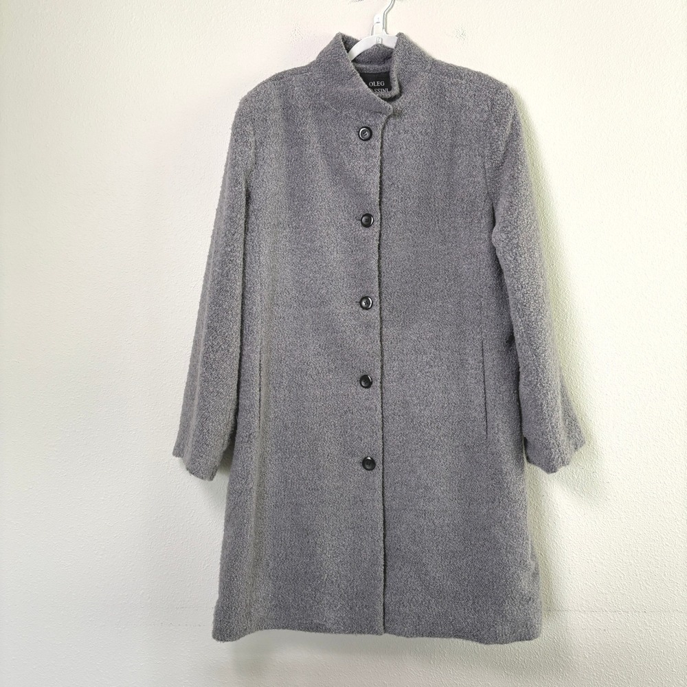 Oleg Cassini Coat Women 18 Gray Wool Blend Bouclé Mock Neck Button Up Vintage